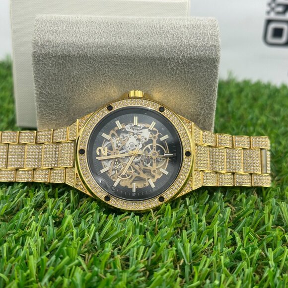 Pre-owned Lennox Pave Gold Black Automatic Skeleton Mens Watch Mk9151 - Picture 3 of 5